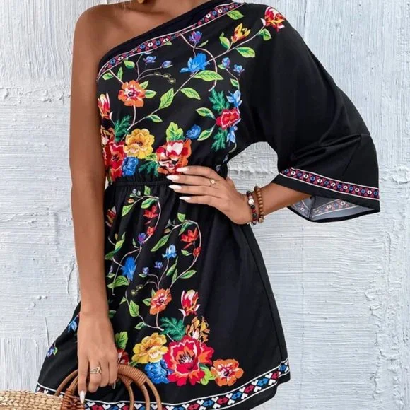 Shabby Chic  Floral One Shoulder Mini Dress Black - Picture 3 of 6